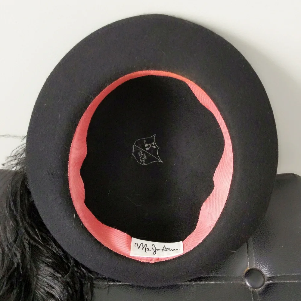 Vintage 1970s Ms. Jo Ann Black Wool Bowler Hat with Epic Huge Ostrich Feather